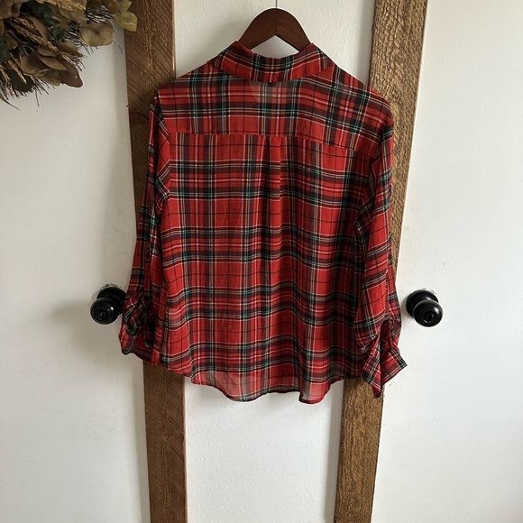Y2K Decree Plaid Blouse Semi-Sheer Red Teal Yellow Button Front Women’s Medium - Picture 10 of 16